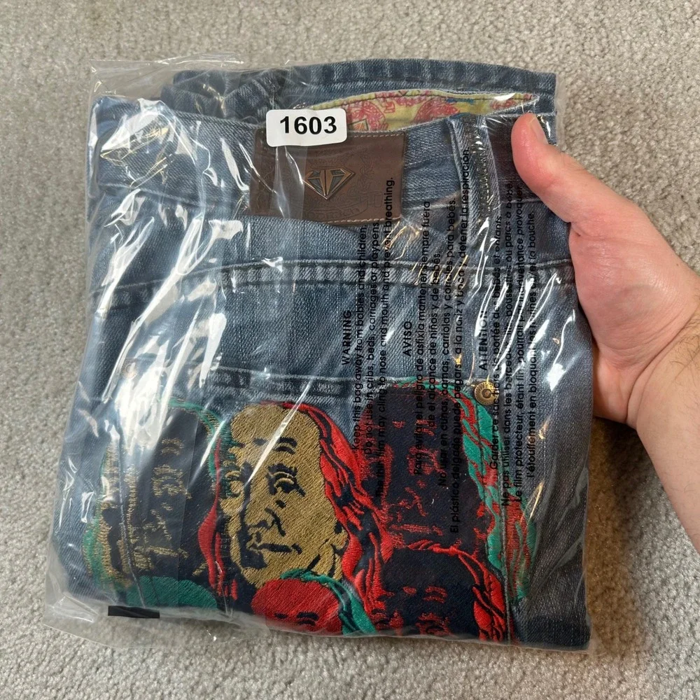 Hood Rich Jeans Men 38 Blue Denim Baggy Benjamin Franklin Embroidered Y2K Style